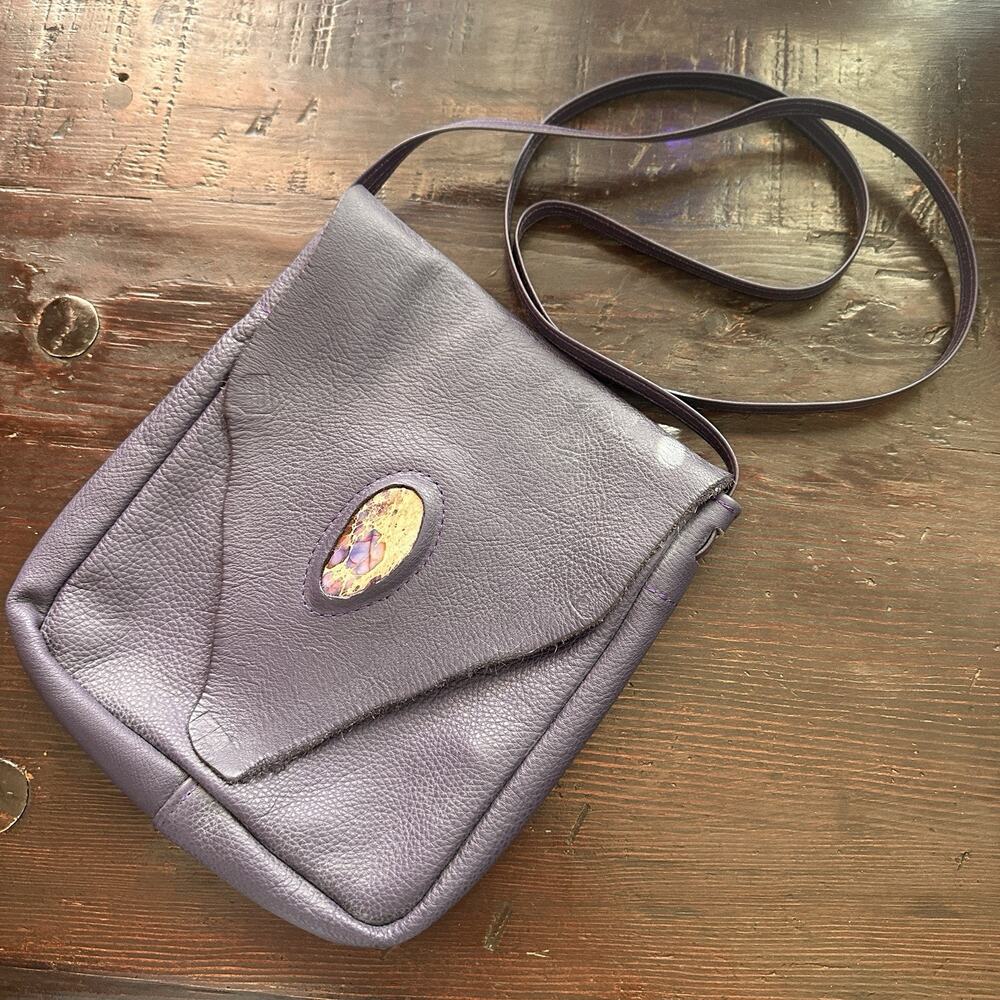 Handmade Leather Crossbody Handbag Mauve Pebbled Stone Detail Purse Bag